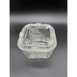 Square Clear Glass Refrigerator Box with Embossed Lid Vintage Kitchen Storage